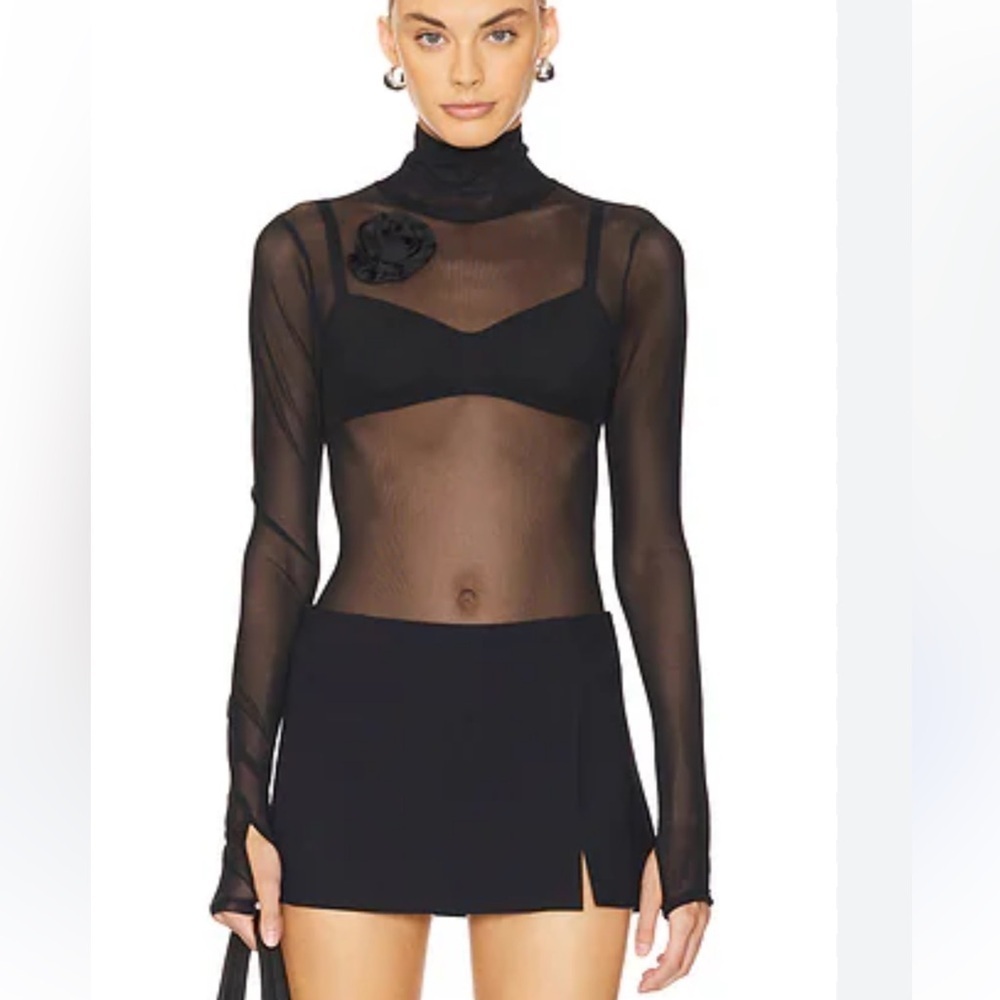 Superdown Mayra Bodysuit black mesh rosette top sheer Revolve NWT XS